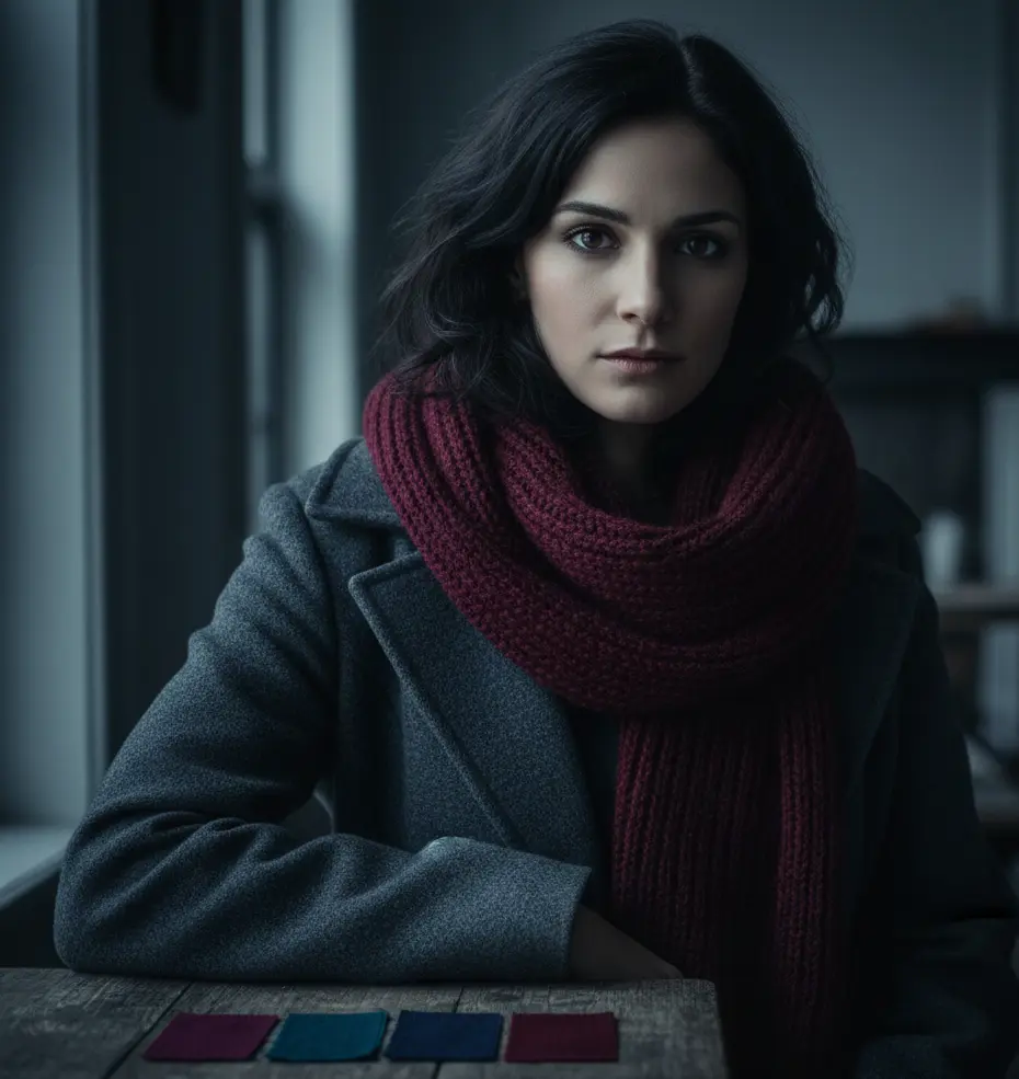 Deep Winter palette with burgundy, plum, navy, and deep greens