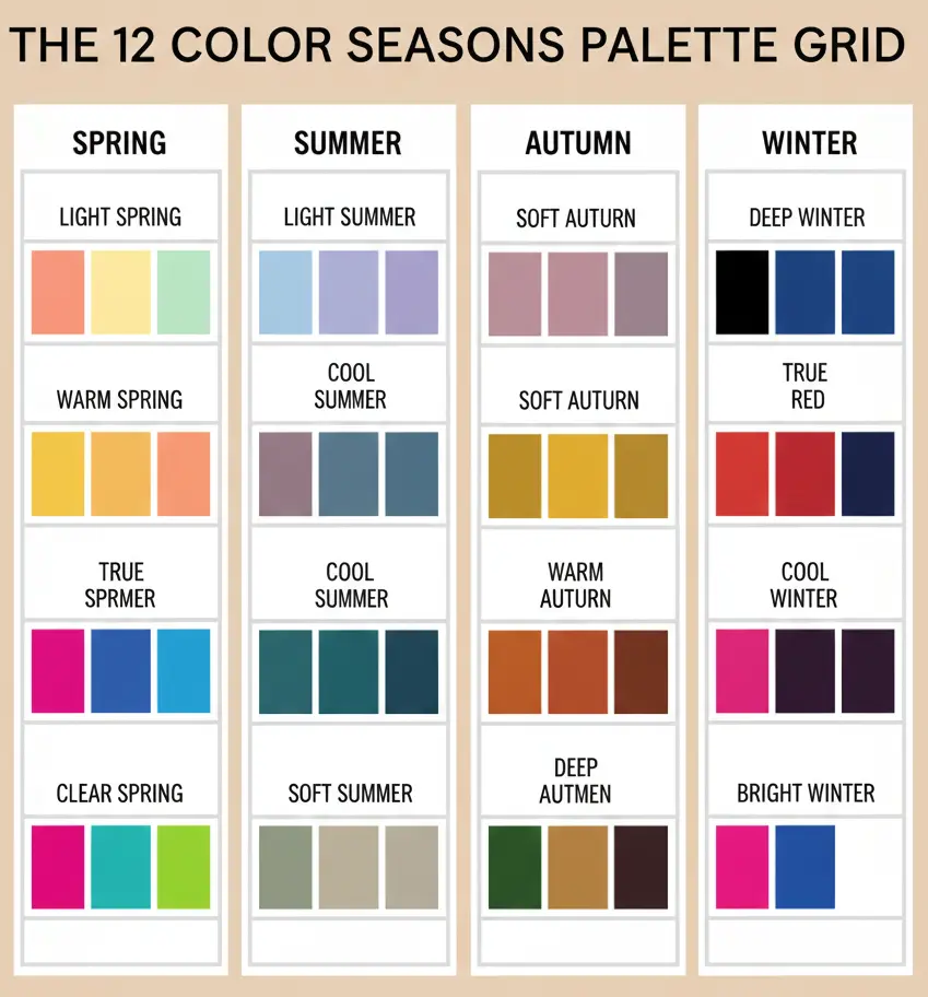 All 12 color seasons palette grid with every sub-season