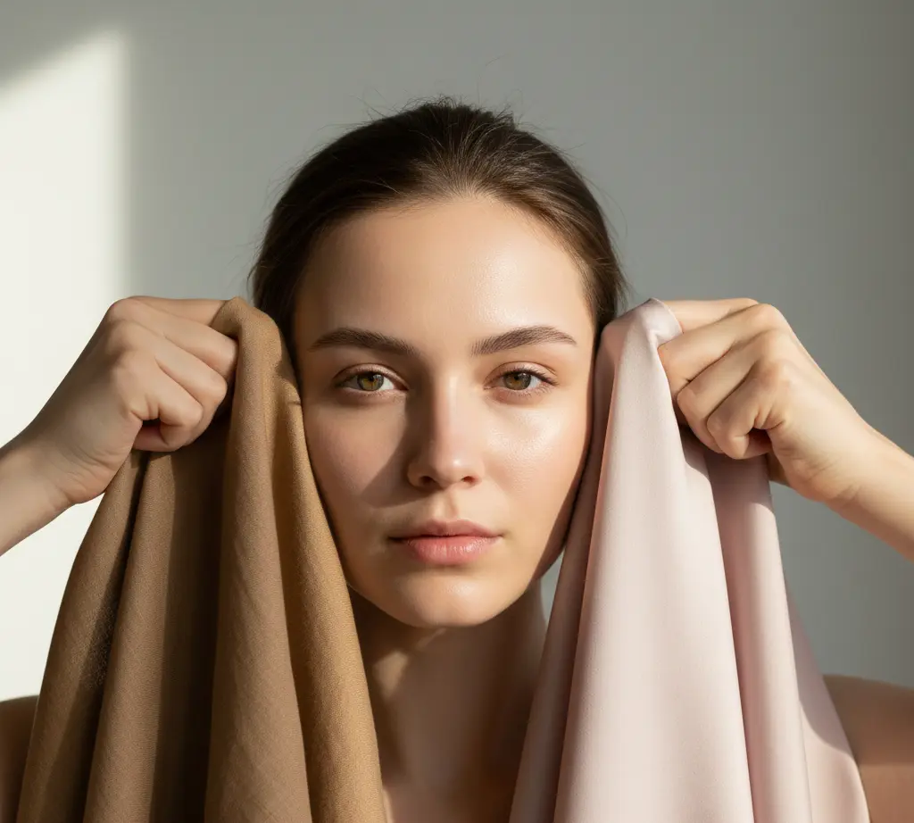 winter color season - Draping test using cool Winter fabrics near the face