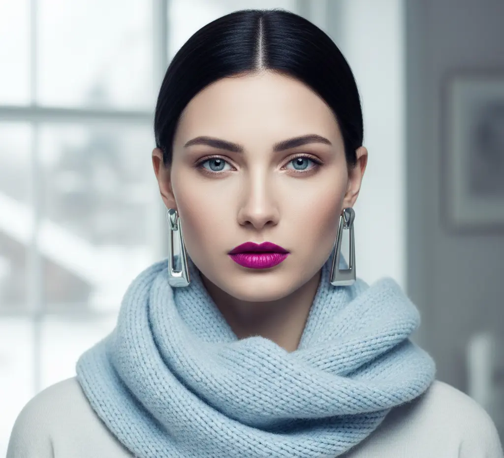Winter face-first styling using scarf, earrings, and cool lipstick
