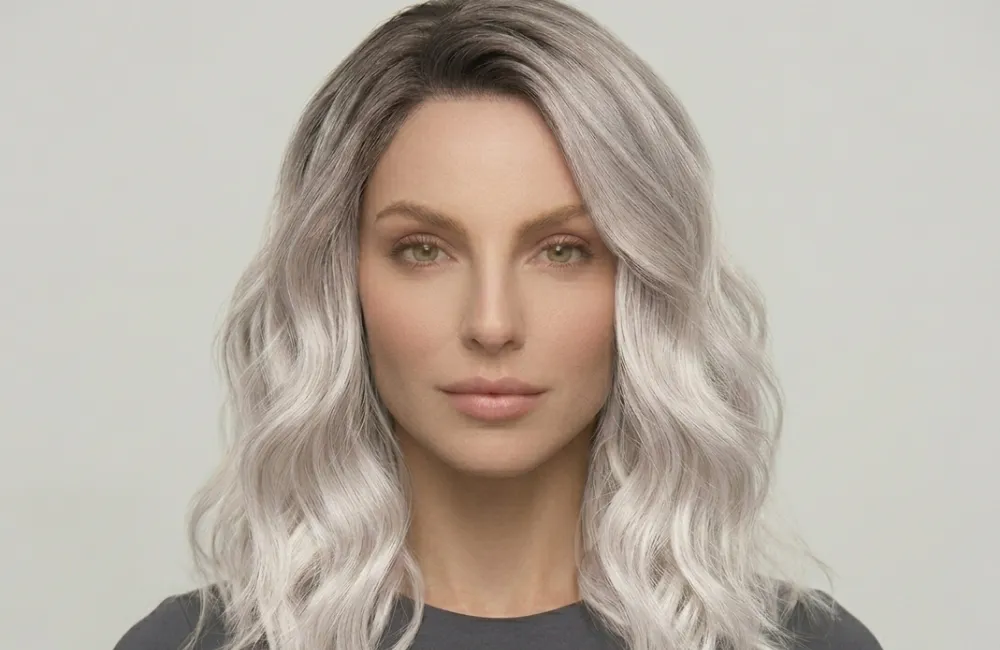 ash blonde balayage with shadow roots and cool smoky tones
