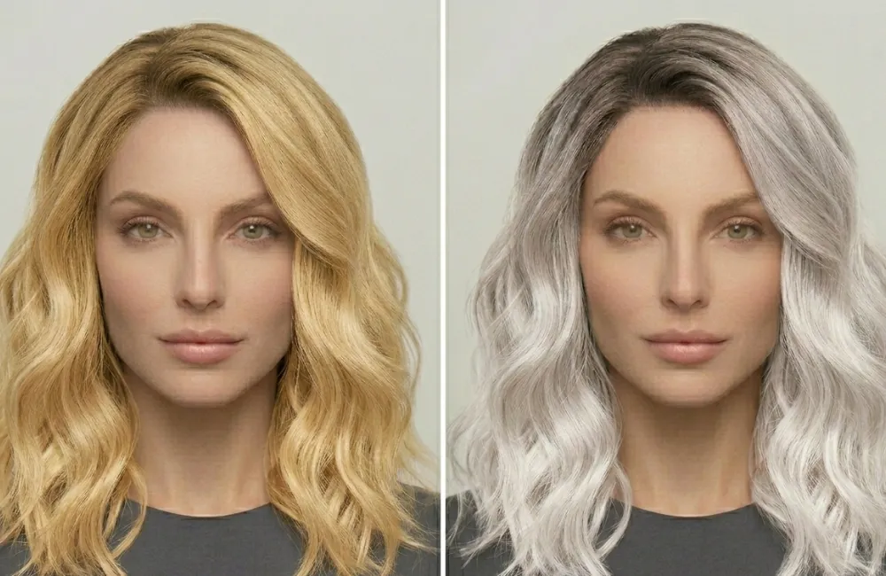 brassy blonde vs ash blonde hair color correction comparison