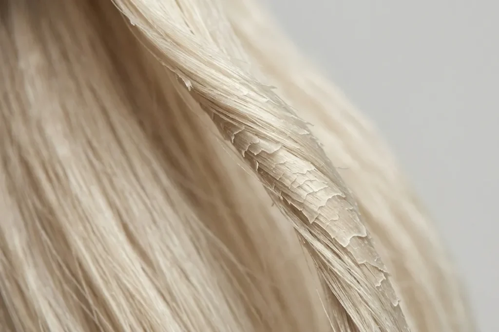 close up of bleached hair cuticle texture platinum blonde process