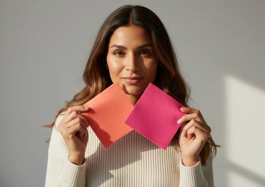 Bright winter color draping test with hot pink vs coral
