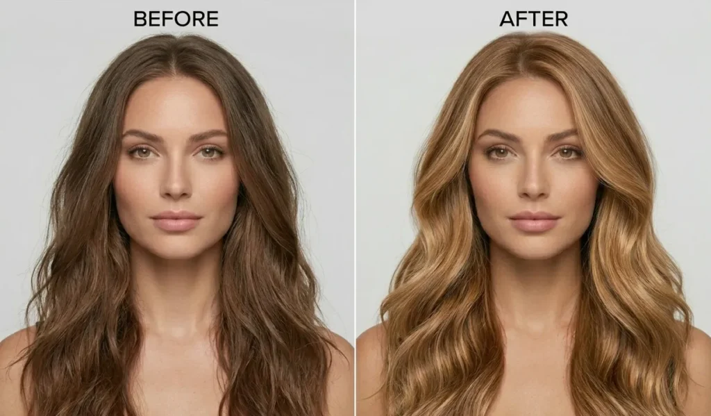 Before and after caramel blonde hair transformation