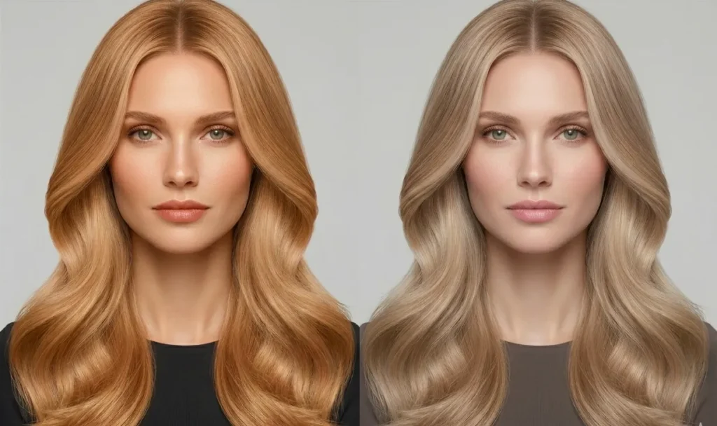 Caramel blonde hair color on warm and cool undertones comparison
