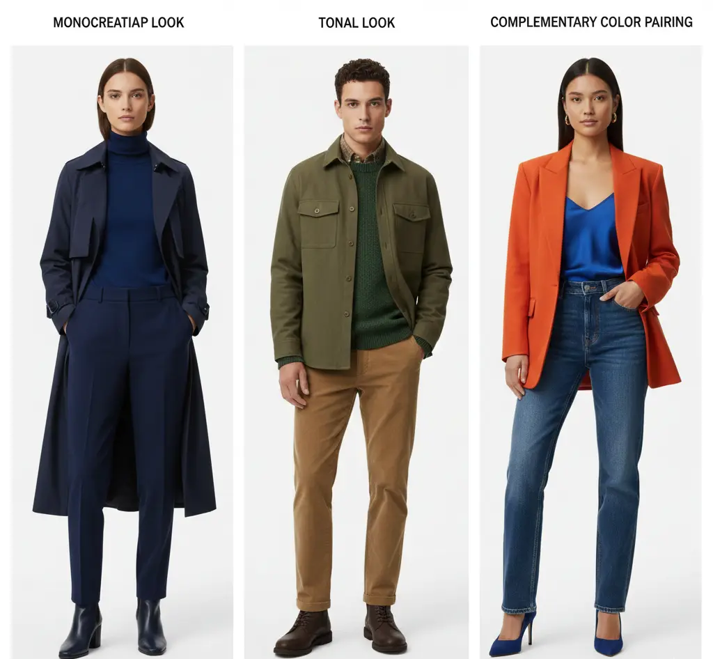 Monochromatic tonal and complementary outfit color theory examples