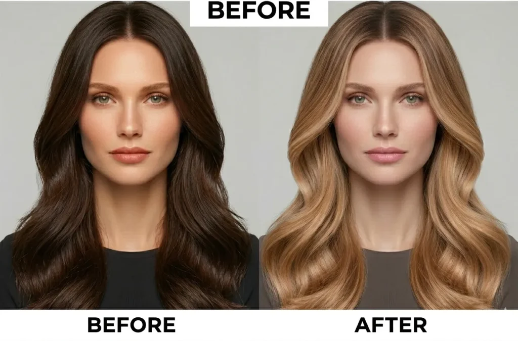 Dark brown hair transformed into caramel blonde balayage
