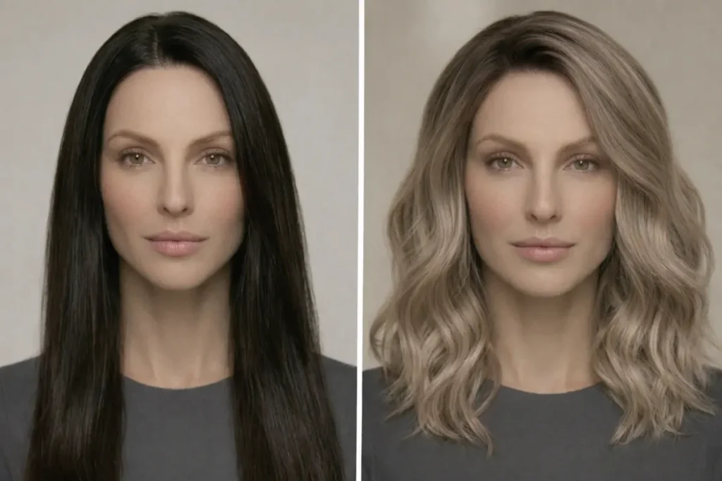 Dark brown to mushroom blonde hair color transformation
