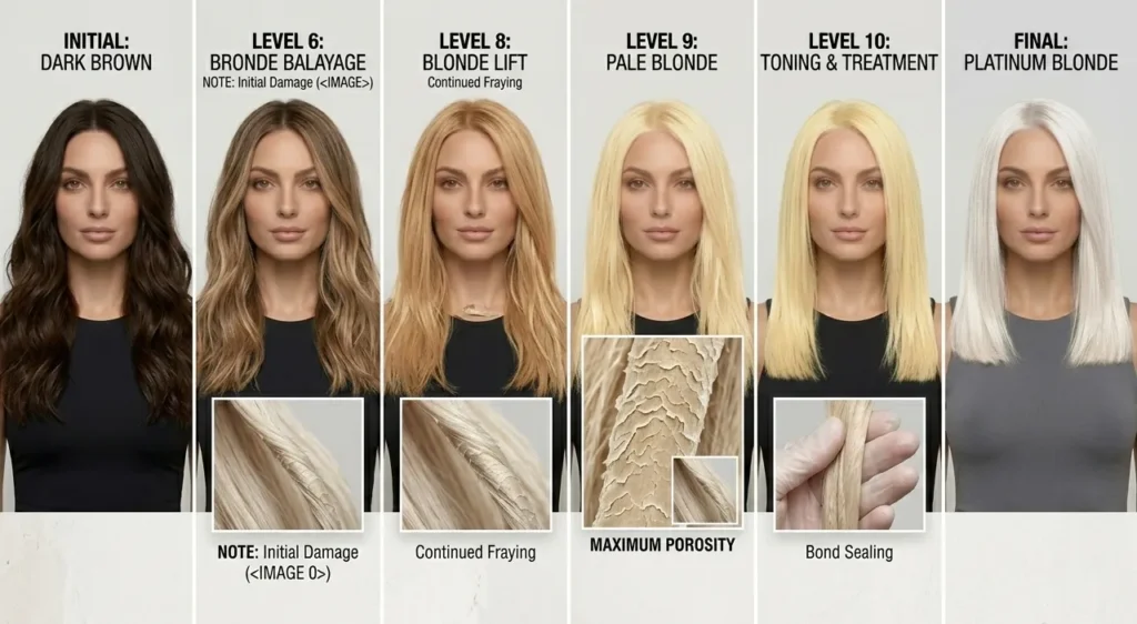 dark brown to platinum blonde hair transformation stages