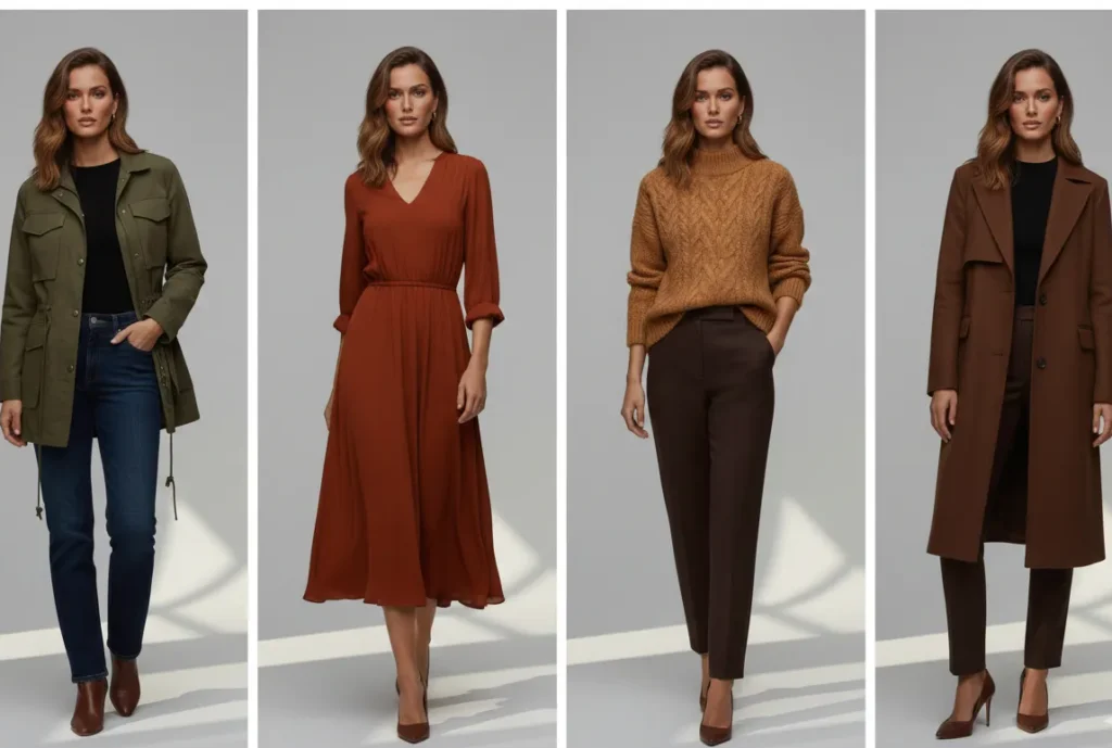 Deep autumn outfits in olive rust and camel