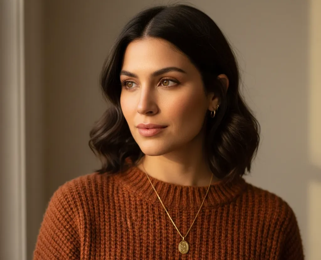 example of deep autumn coloring with warm skin and dark hair