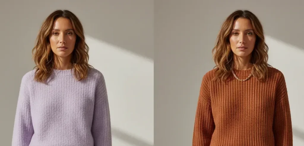 Deep autumn wearing wrong cool colors vs right warm colors