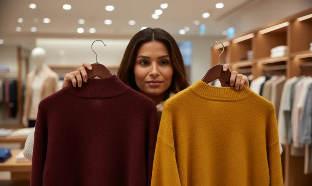 Deep Winter shopping tip comparing burgundy and mustard sweater