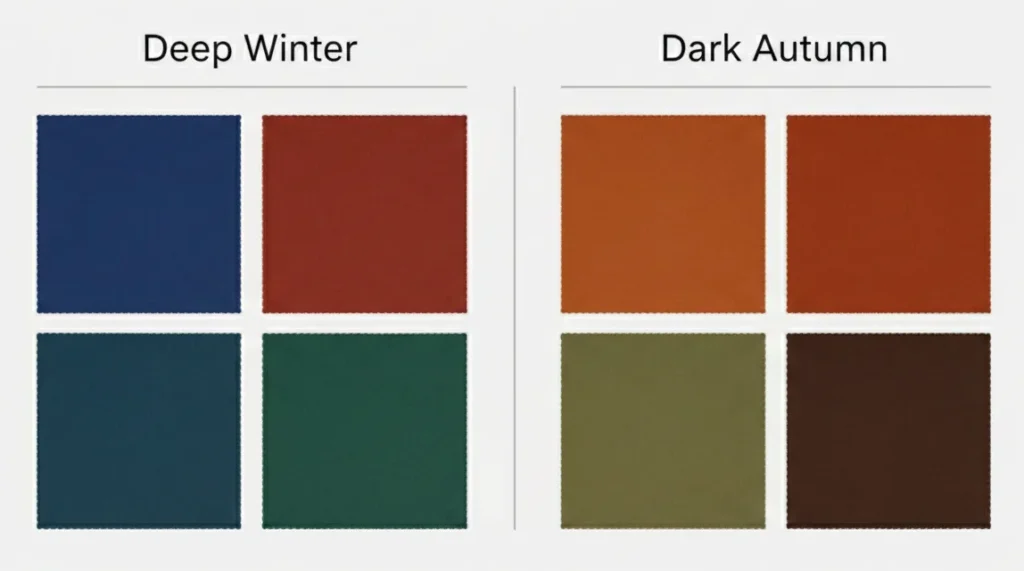 Deep Winter vs Dark Autumn color comparison chart