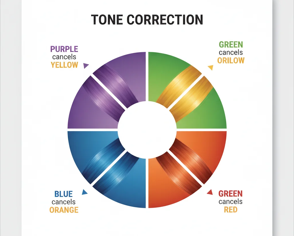 Hair color wheel showing purple cancels yellow blue cancels orange green cancels red