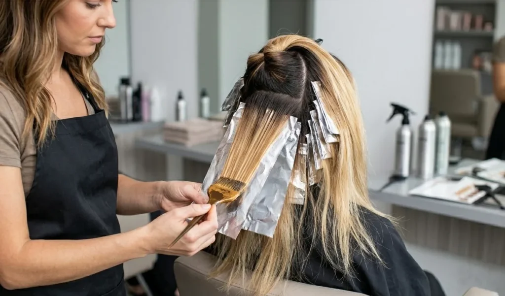 stylist applying honey blonde hair color