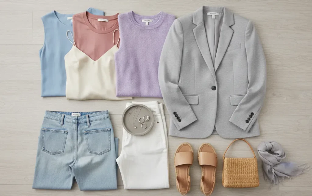 light summer capsule wardrobe in cool pastel tones
