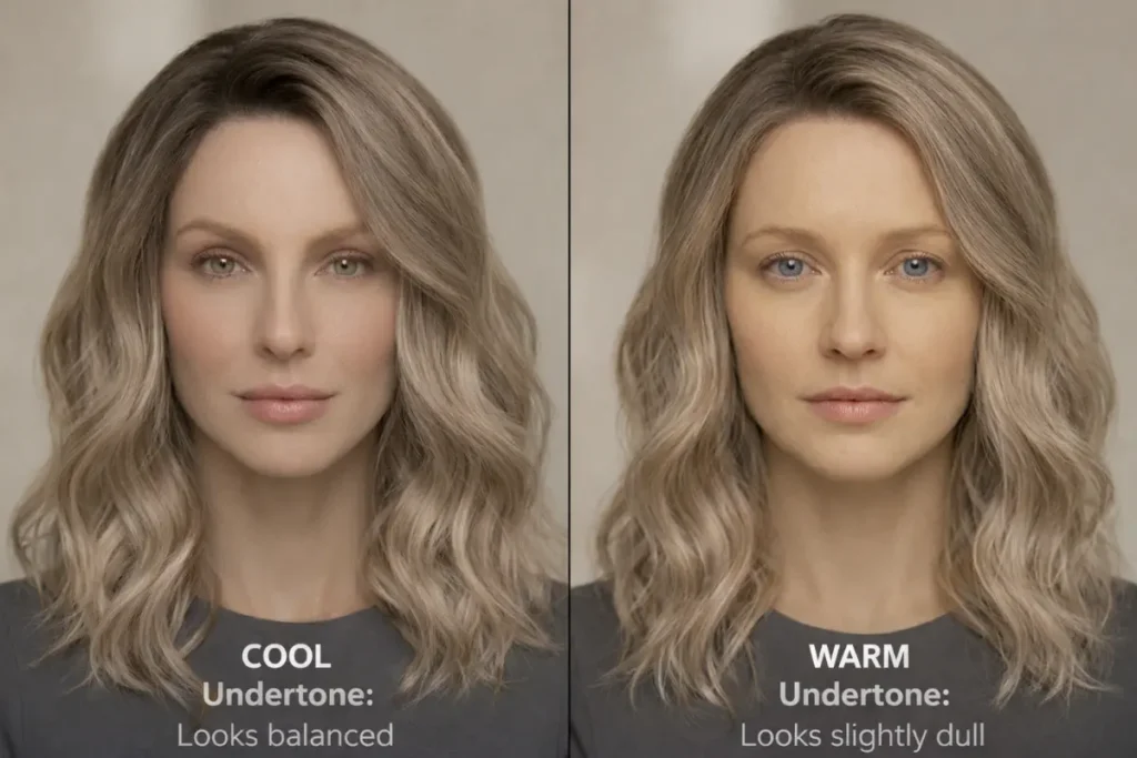 Mushroom blonde hair color comparison on cool and warm undertones