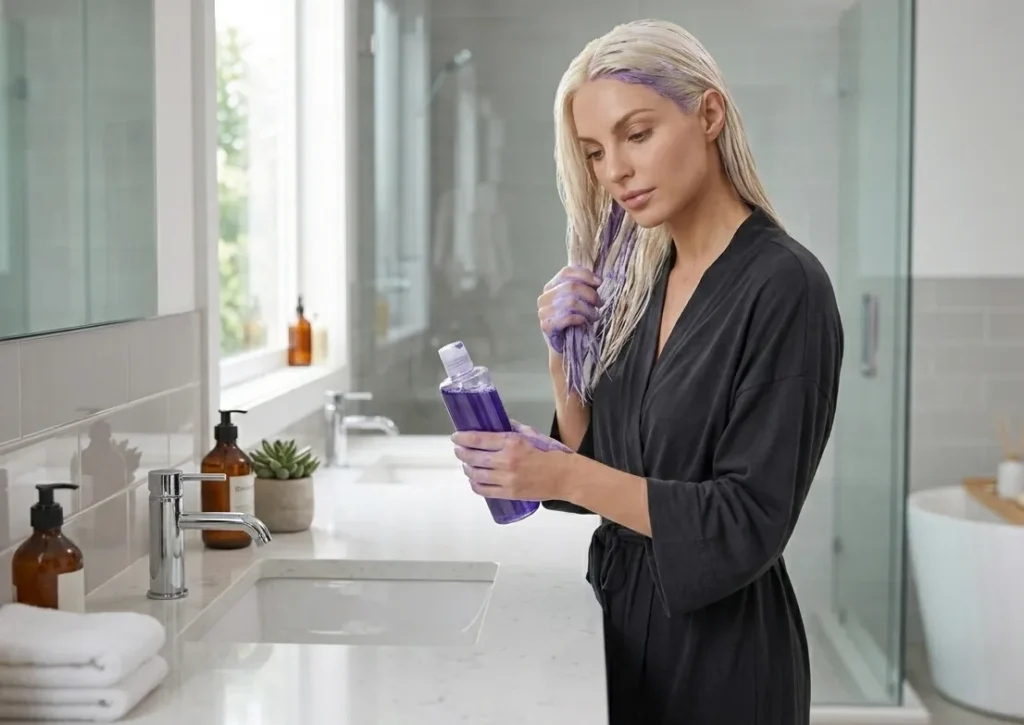 platinum blonde hair using purple shampoo for maintenance