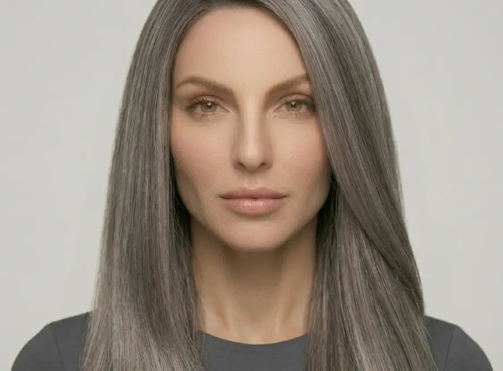 Silver mushroom blonde hair color with cool gray tones