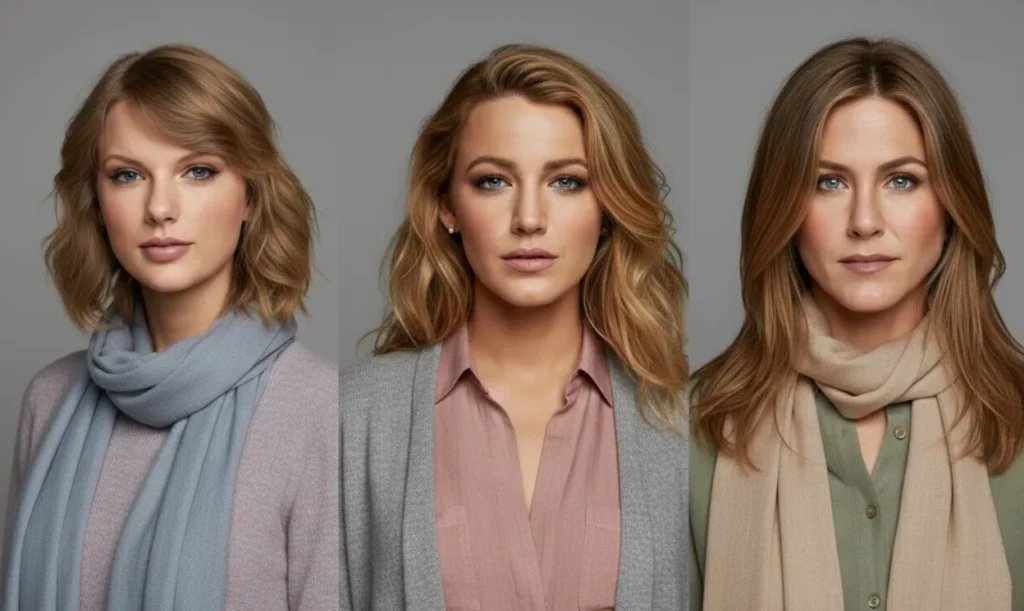 Soft summer celebrity comparison with muted outfits