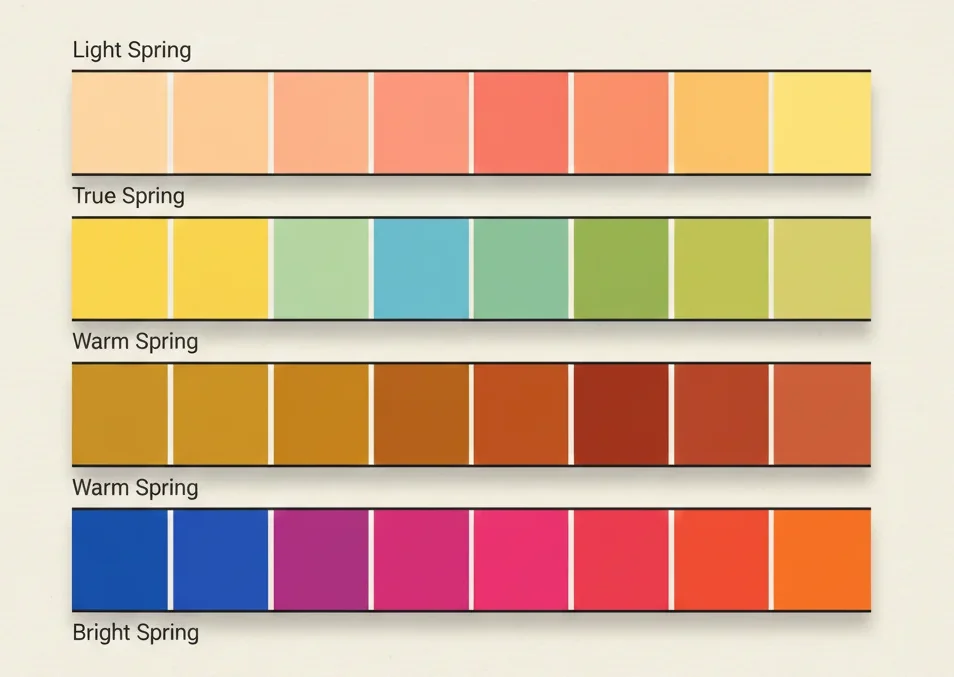 Color palette overview of Light Spring, True Spring, Warm Spring, and Bright Spring