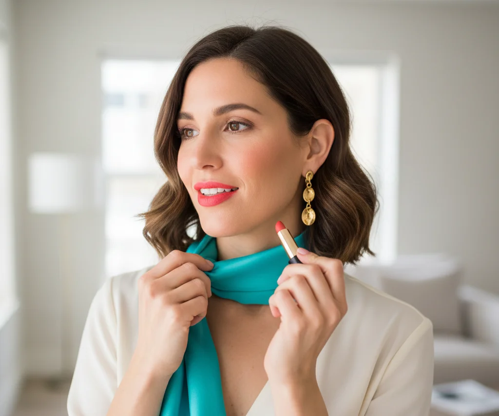 Spring wardrobe accents with scarf earrings and coral lipstick