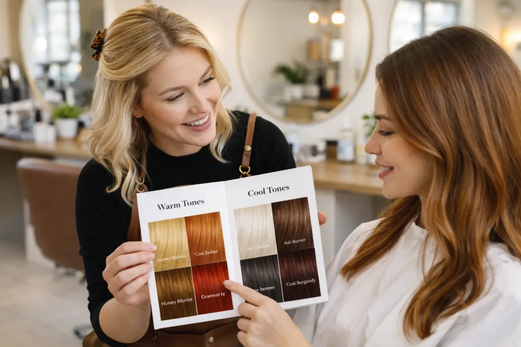 Hair color consultation using warm and cool tone swatches