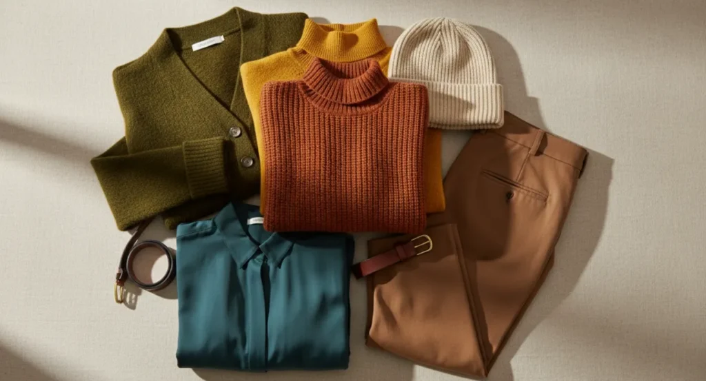 clothing in olive rust mustard and brown tones