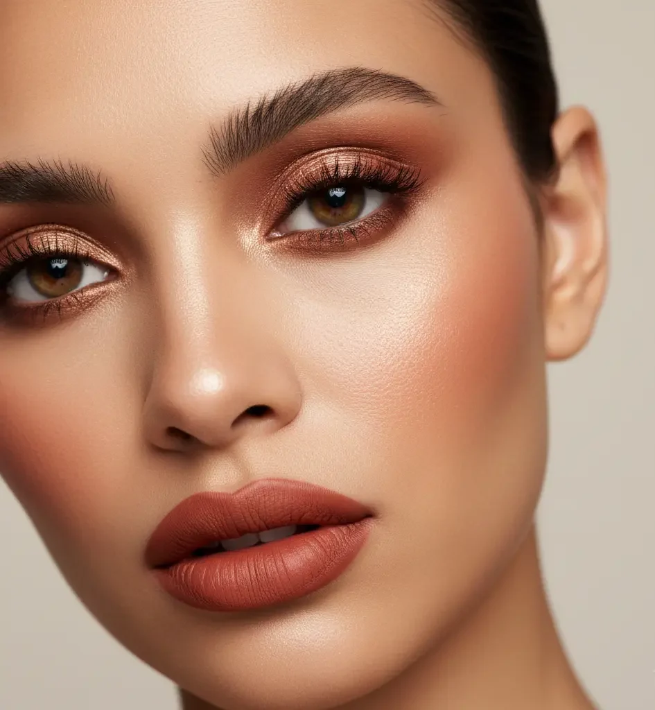 warm makeup look with bronze eyeshadow and terracotta lipstick