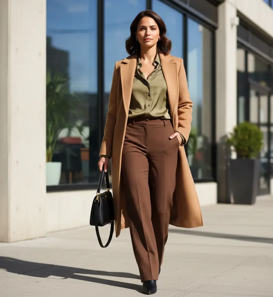 woman wearing olive top and camel coat
