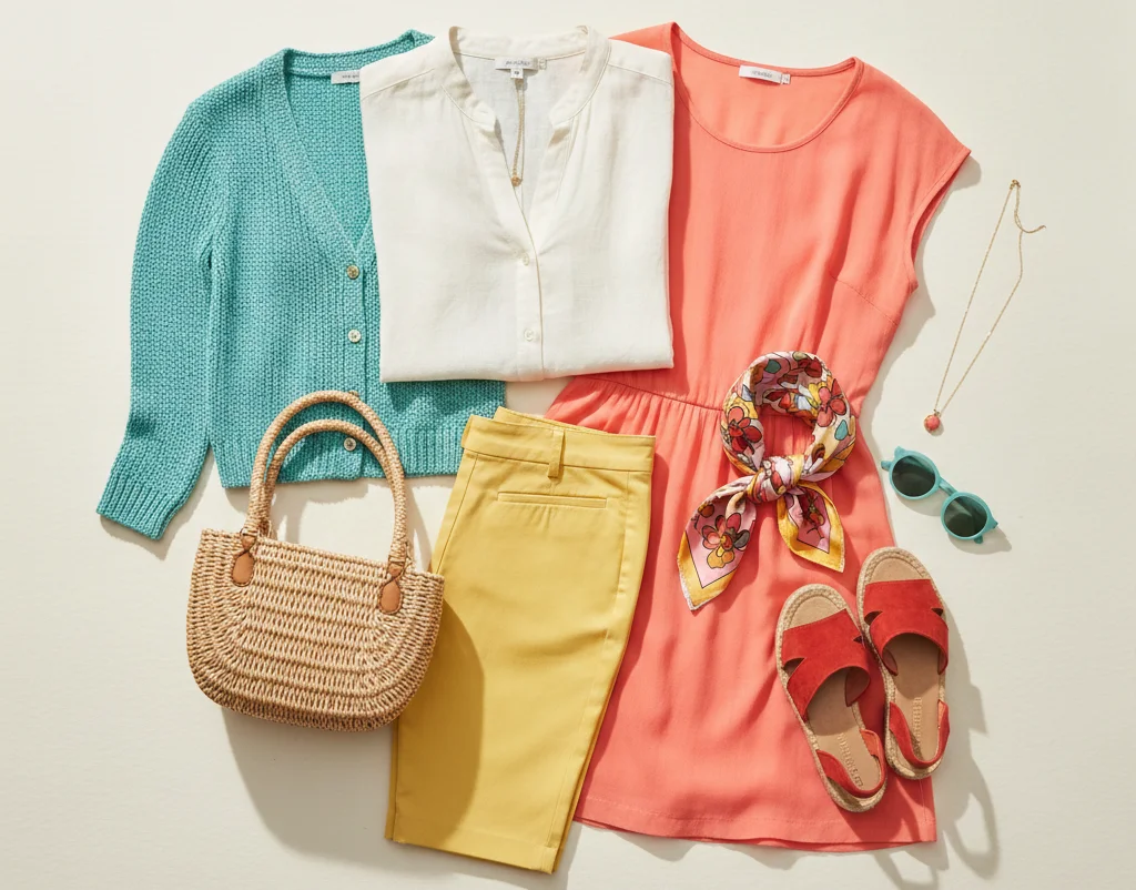 True Spring outfit colors with warm bright ivory coral and aqua tones