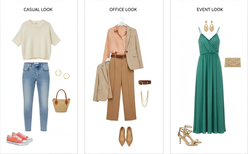 true spring outfit ideas in coral peach and warm neutrals
