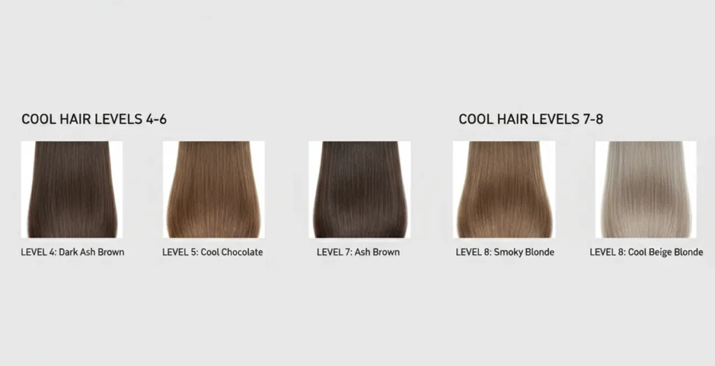 true summer hair color level chart from level 4 to level 8 cool tones