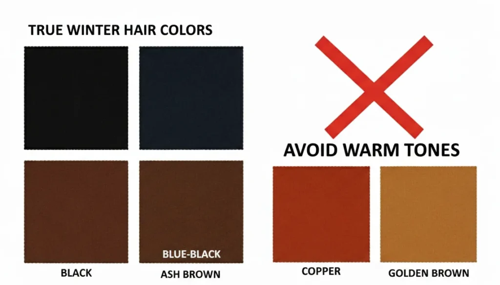 Best hair colors for true winter including black and ash brown