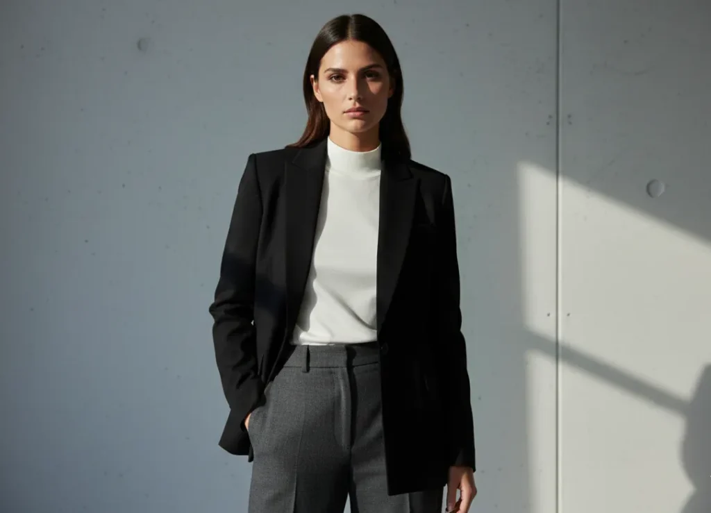 True winter outfit with black blazer white top and high contrast styling