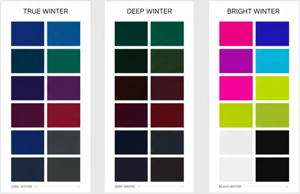 Comparison of true winter, deep winter and bright winter color palettes
