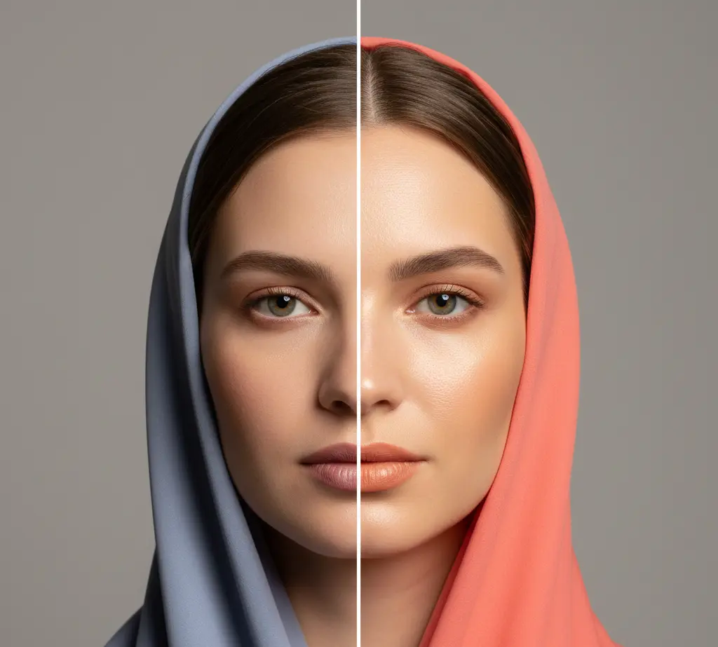 Wrong vs right clothing colors showing washed out vs glowing skin