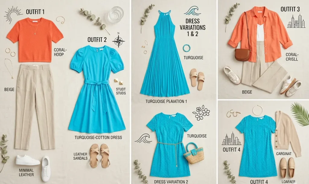 bright spring outfit ideas coral beige turquoise combinations