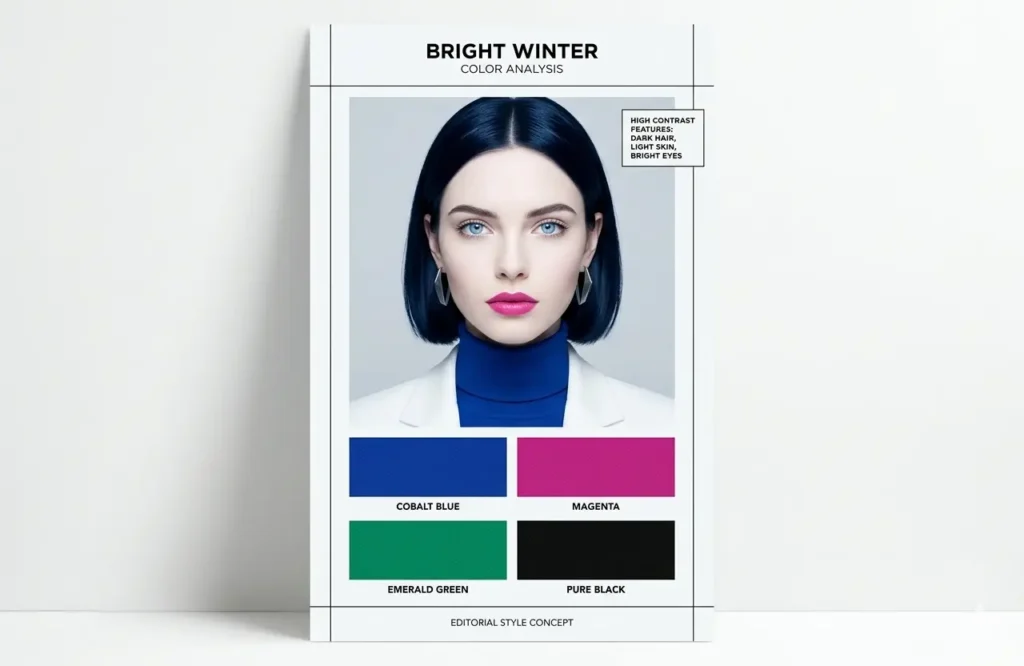 bright winter characteristics with cool undertone and high contrast features