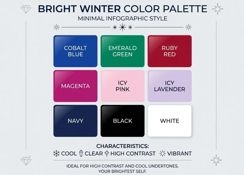 bright winter color palette chart with jewel tones and icy shades