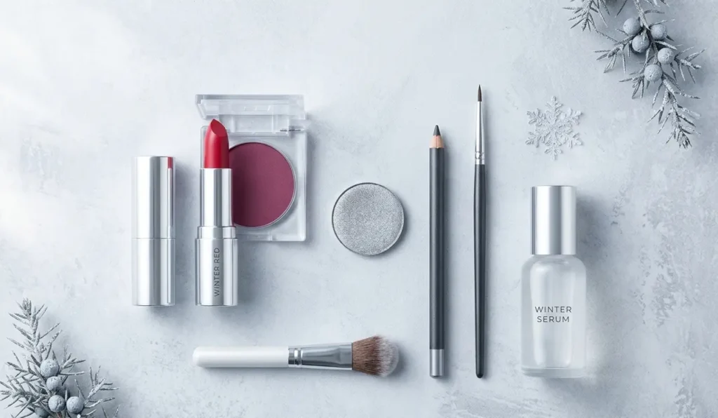 bright winter makeup palette with cool red lipstick and berry blush