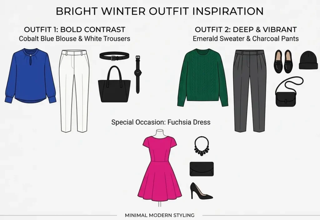 bright winter outfit ideas using cobalt blue emerald green and black