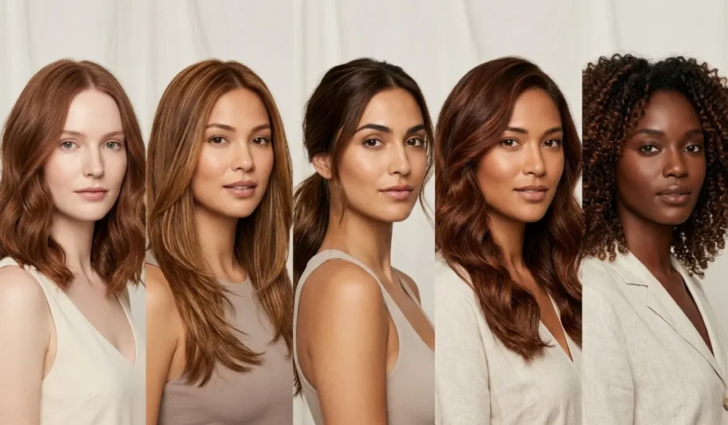 Chestnut brown hair on different skin tones