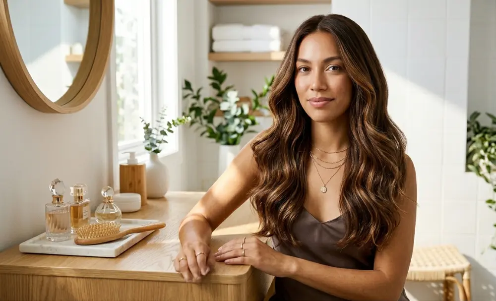 Chocolate brown hair with caramel highlights