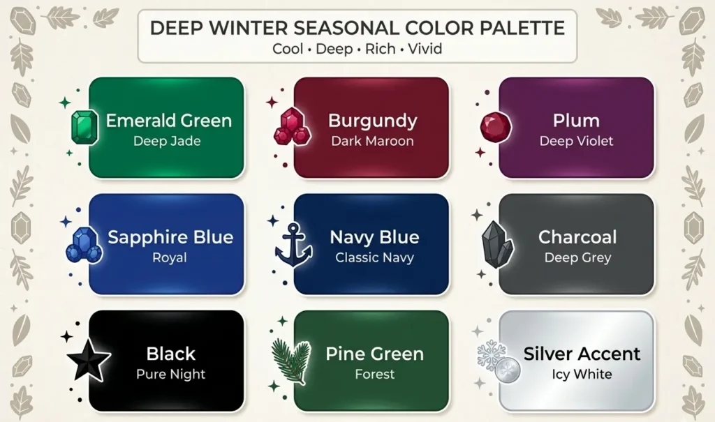 deep winter color palette chart with jewel tone colors