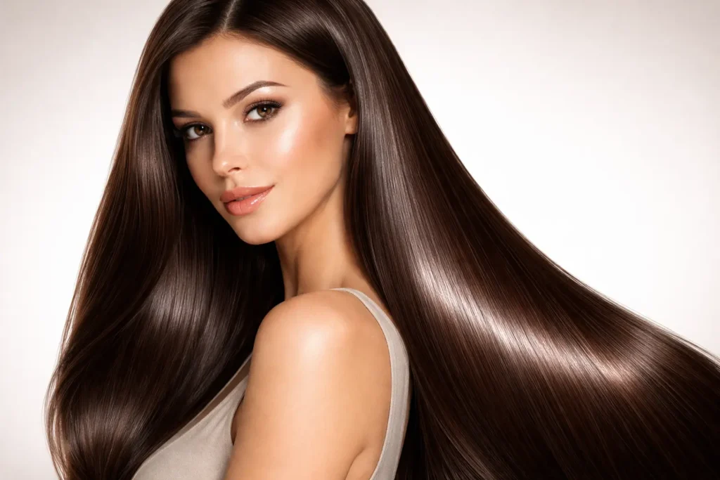 Glossy chocolate brown hair with high shine