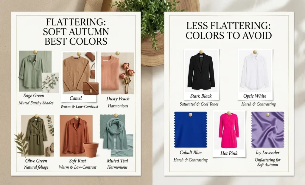 Soft autumn best vs worst colors comparison with muted and harsh shades