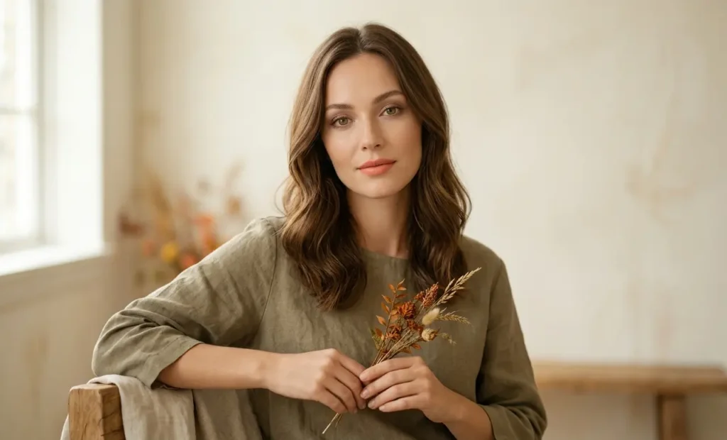 Soft autumn characteristics showing warm muted skin hair and eye features